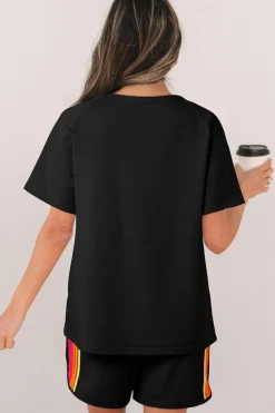 Clearance Dear-Lover Striped Patch Front Casual Tee Black