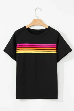 Clearance Dear-Lover Striped Patch Front Casual Tee Black