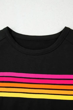 Clearance Dear-Lover Striped Patch Front Casual Tee Black