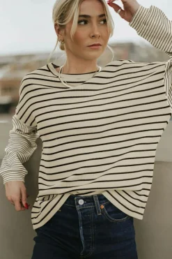 Discount Dear-Lover Striped Patchwork Loose Long Sleeve Tee Black