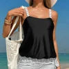 Outlet Dear-Lover Striped Patchwork Side Drawstring Bottoms Tankini Set Black