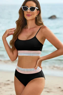 Online Dear-Lover Striped Patchwork Spaghetti Strap High Waist Bikini Swimsuit Black