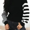 Outlet Dear-Lover Striped Plaid Patchwork Waffle Knit Turtleneck Sweater Black