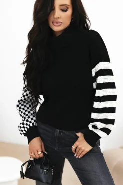 Outlet Dear-Lover Striped Plaid Patchwork Waffle Knit Turtleneck Sweater Black