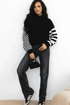 Outlet Dear-Lover Striped Plaid Patchwork Waffle Knit Turtleneck Sweater Black