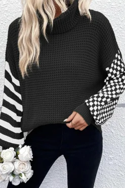 Outlet Dear-Lover Striped Plaid Patchwork Waffle Knit Turtleneck Sweater Black