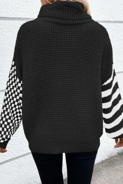 Outlet Dear-Lover Striped Plaid Patchwork Waffle Knit Turtleneck Sweater Black
