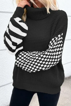 Outlet Dear-Lover Striped Plaid Patchwork Waffle Knit Turtleneck Sweater Black