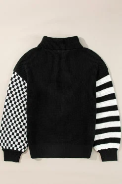 Outlet Dear-Lover Striped Plaid Patchwork Waffle Knit Turtleneck Sweater Black