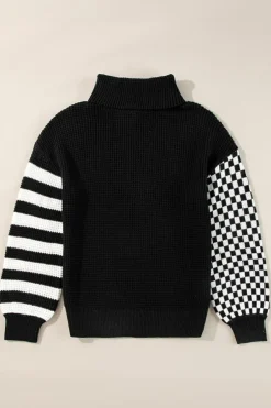 Outlet Dear-Lover Striped Plaid Patchwork Waffle Knit Turtleneck Sweater Black