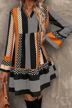 Hot Dear-Lover Striped Polka Dot Print Ruffled Hem V Neck Mini Dress Black