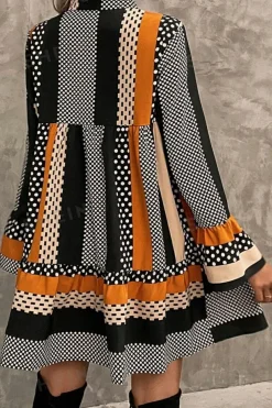 Hot Dear-Lover Striped Polka Dot Print Ruffled Hem V Neck Mini Dress Black