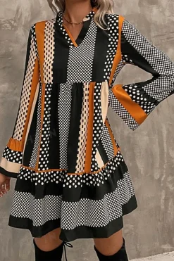 Hot Dear-Lover Striped Polka Dot Print Ruffled Hem V Neck Mini Dress Black