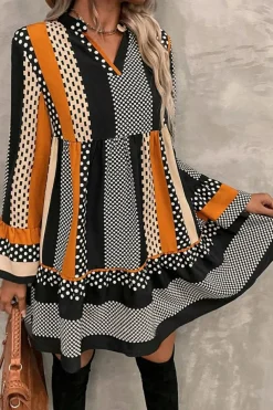 Hot Dear-Lover Striped Polka Dot Print Ruffled Hem V Neck Mini Dress Black
