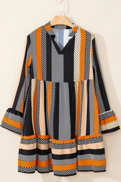 Hot Dear-Lover Striped Polka Dot Print Ruffled Hem V Neck Mini Dress Black