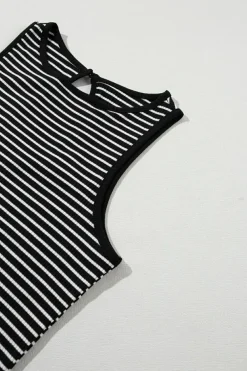 Online Dear-Lover Striped Print Ribbed Knit Sleeveless Top Black