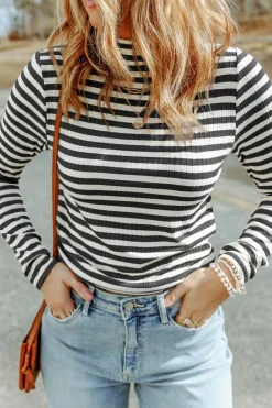 Sale Dear-Lover Striped Print Textured Knit Long Sleeve Tee Black