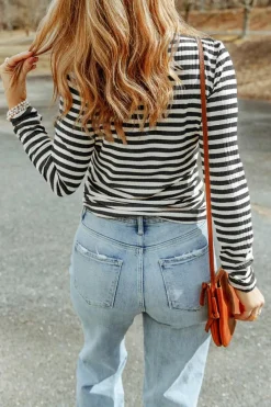 Sale Dear-Lover Striped Print Textured Knit Long Sleeve Tee Black