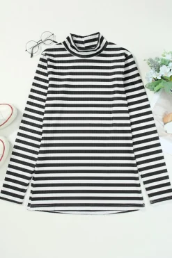 Sale Dear-Lover Striped Print Textured Knit Long Sleeve Tee Black