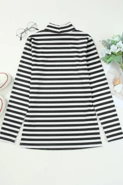 Sale Dear-Lover Striped Print Textured Knit Long Sleeve Tee Black