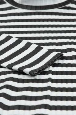 Sale Dear-Lover Striped Print Textured Knit Long Sleeve Tee Black