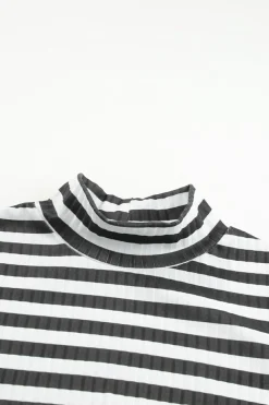 Sale Dear-Lover Striped Print Textured Knit Long Sleeve Tee Black