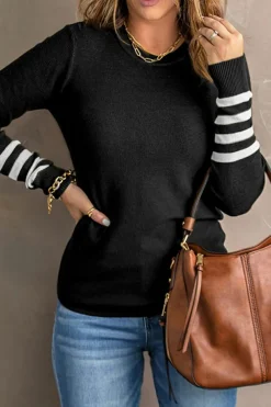 Fashion Dear-Lover Striped Sleeve Plain Knit Sweater Black