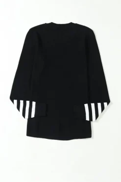 Fashion Dear-Lover Striped Sleeve Plain Knit Sweater Black