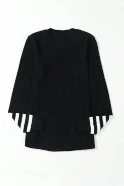 Fashion Dear-Lover Striped Sleeve Plain Knit Sweater Black