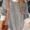Fashion Dear-Lover Striped Textured Knit Contrast Edge Loose Sweater Black