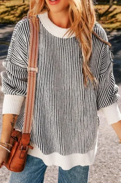 Fashion Dear-Lover Striped Textured Knit Contrast Edge Loose Sweater Black