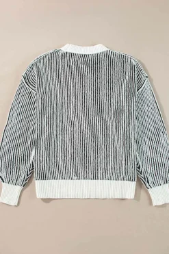 Fashion Dear-Lover Striped Textured Knit Contrast Edge Loose Sweater Black