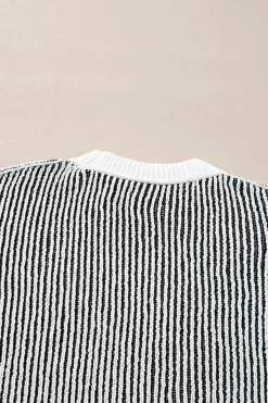 Fashion Dear-Lover Striped Textured Knit Contrast Edge Loose Sweater Black
