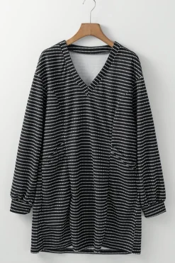 New Dear-Lover Striped V Neck Long Puff Sleeve Shift Dress Black