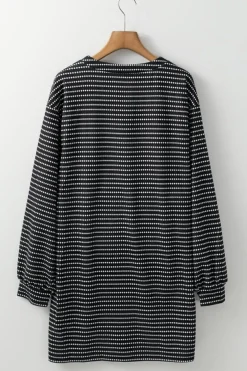 New Dear-Lover Striped V Neck Long Puff Sleeve Shift Dress Black