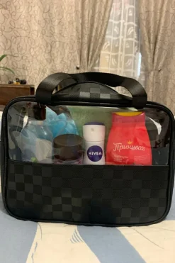 New Dear-Lover Stylish Checkered PVC Clear Cosmetic Bag Black