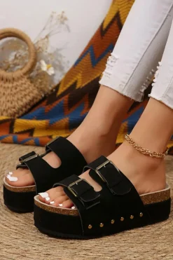 Discount Dear-Lover Suede Buckle Decor Footbed Sandal Slippers Black