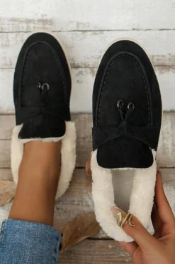 Outlet Dear-Lover Suede Furry Lined Slip on Flat Shoes Black