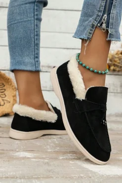 Outlet Dear-Lover Suede Furry Lined Slip on Flat Shoes Black