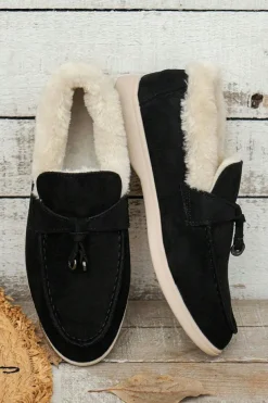Outlet Dear-Lover Suede Furry Lined Slip on Flat Shoes Black