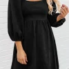 Hot Dear-Lover Suede Square Neck Puff Sleeve Dress Black