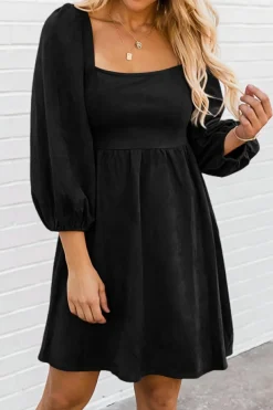 Hot Dear-Lover Suede Square Neck Puff Sleeve Dress Black