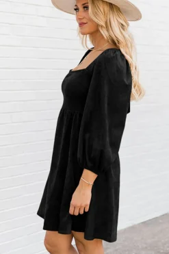 Hot Dear-Lover Suede Square Neck Puff Sleeve Dress Black