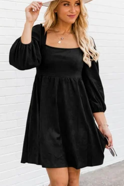 Hot Dear-Lover Suede Square Neck Puff Sleeve Dress Black