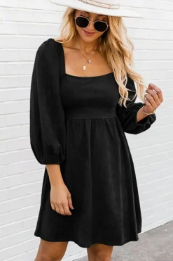 Hot Dear-Lover Suede Square Neck Puff Sleeve Dress Black