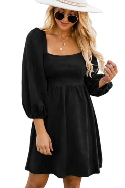 Hot Dear-Lover Suede Square Neck Puff Sleeve Dress Black