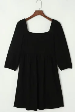 Hot Dear-Lover Suede Square Neck Puff Sleeve Dress Black