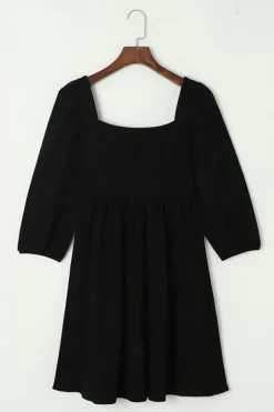 Hot Dear-Lover Suede Square Neck Puff Sleeve Dress Black