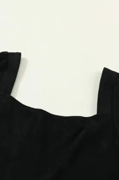 Hot Dear-Lover Suede Square Neck Puff Sleeve Dress Black