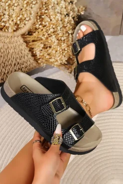 Sale Dear-Lover Suede Textured Buckle Straps Beach Slippers Black